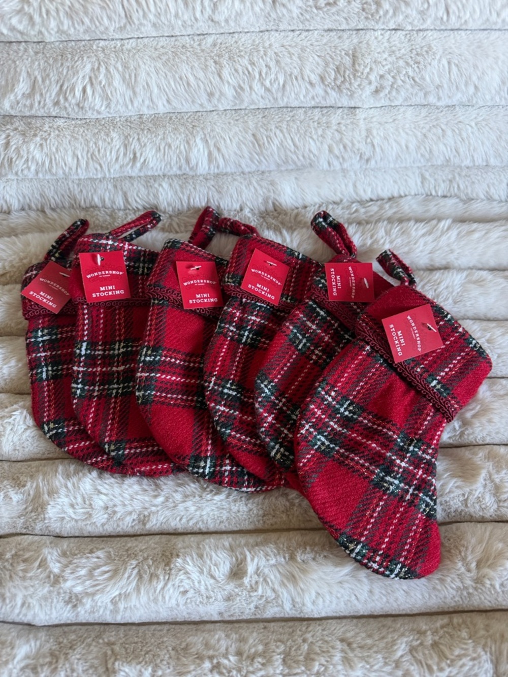 Wondershop Holiday Christmas Mini Stocking Red Tartan Plaid Set of 6 NEW!